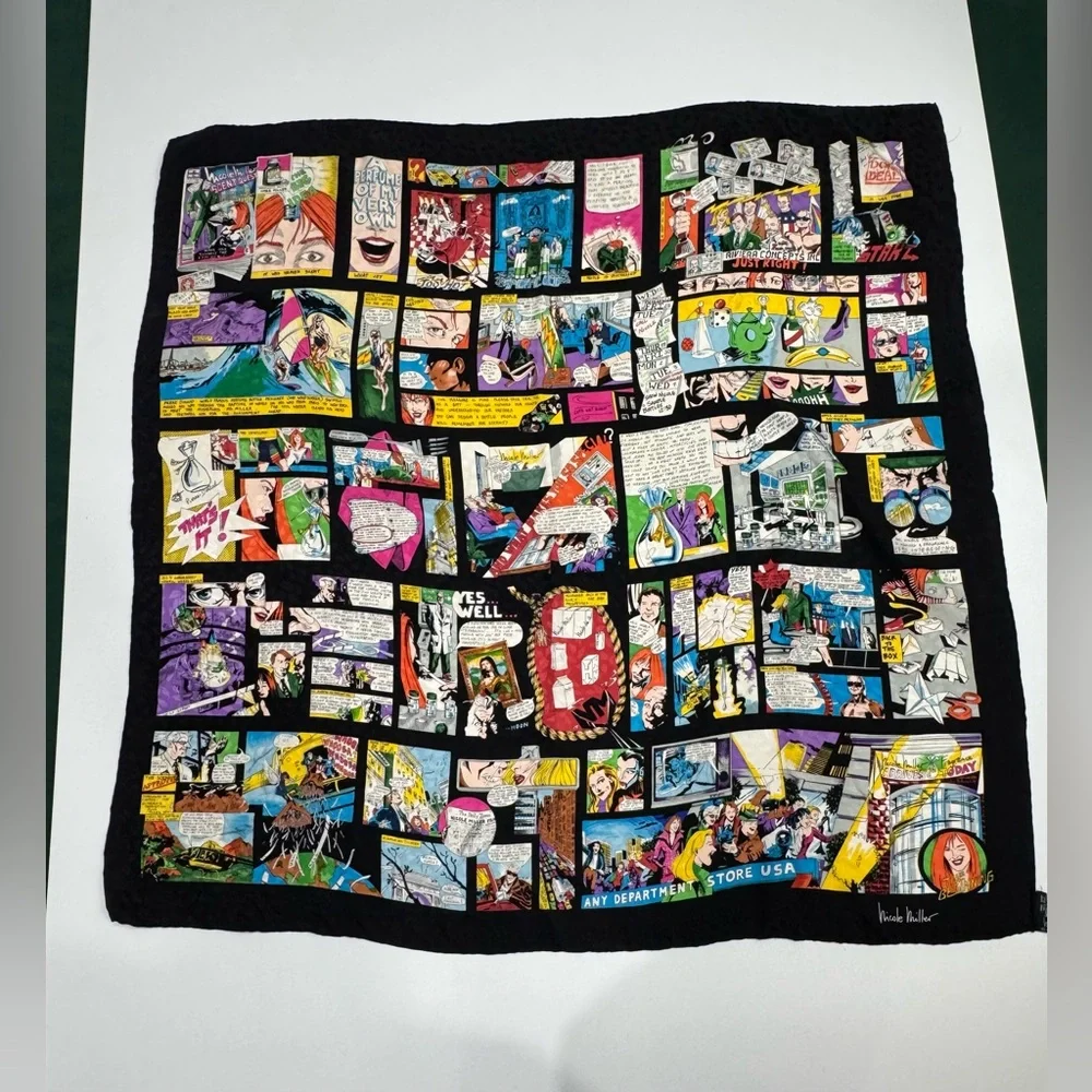 Nicole Miller Vintage Graphic Comic Print 100% Silk Scarf Black Pop Art‎ 42”